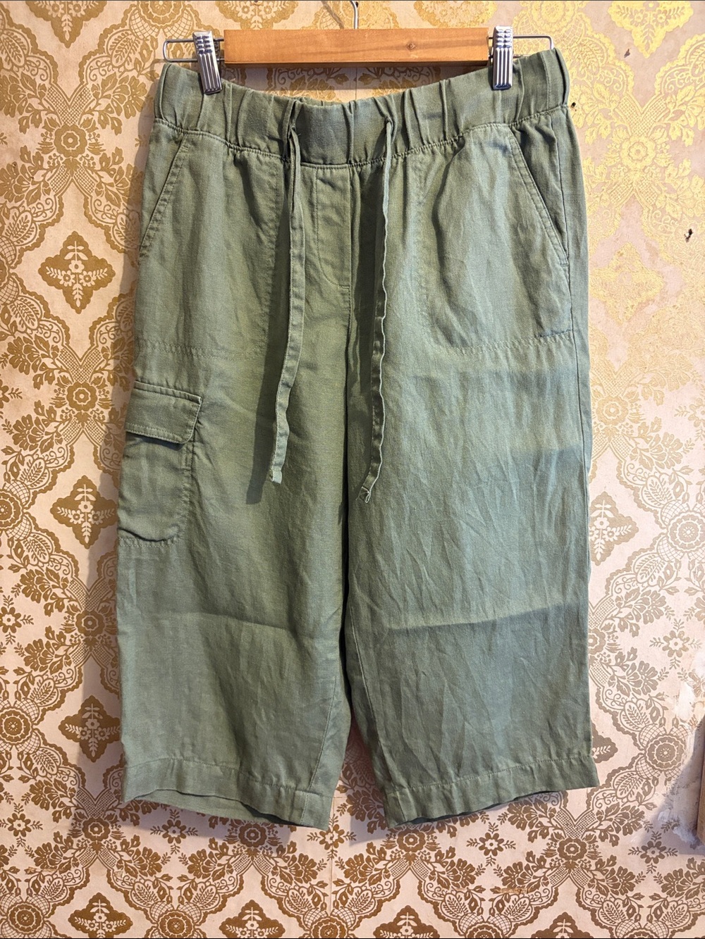 Talbots 100% Linen Cargo Cropped Pants Sage Green